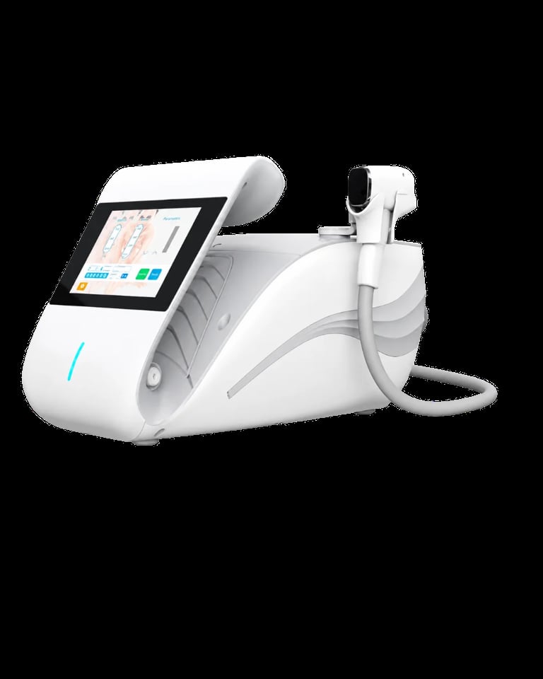 White medical aesthetic device with touchscreen display and detachable handheld applicator for laser or IPL treatments