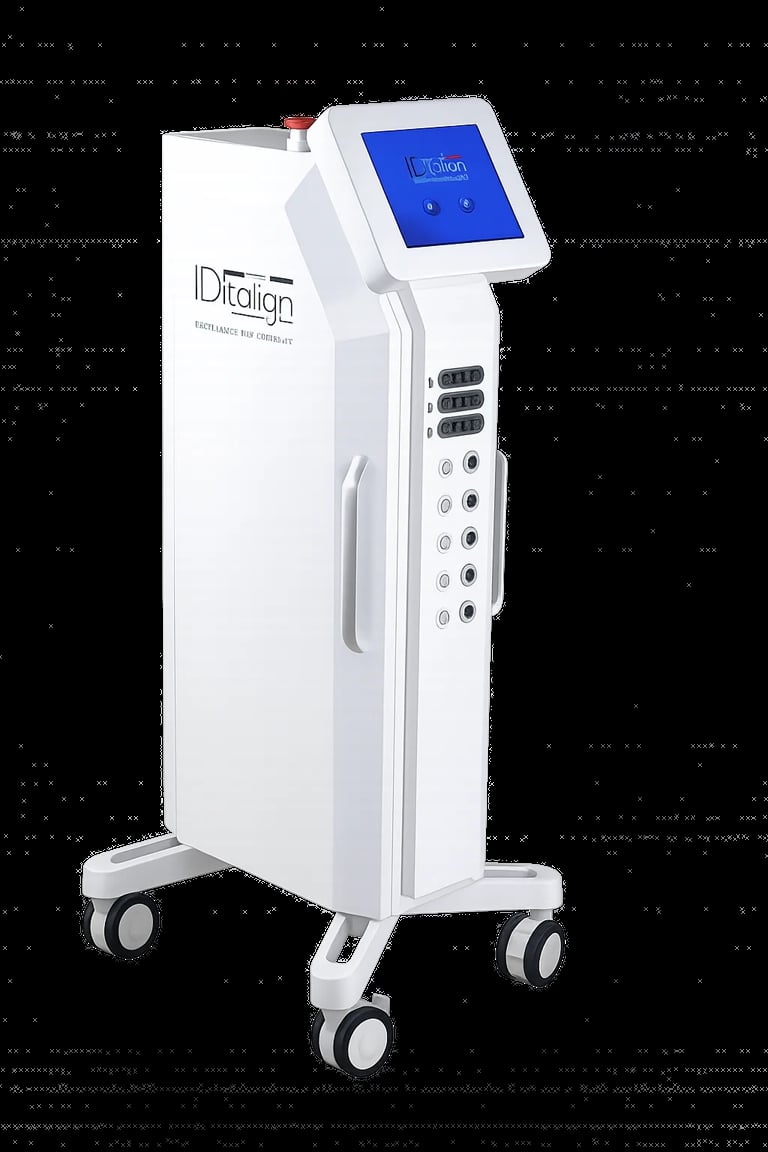 White Ditalign medical device on wheeled stand with blue touchscreen display and control panel