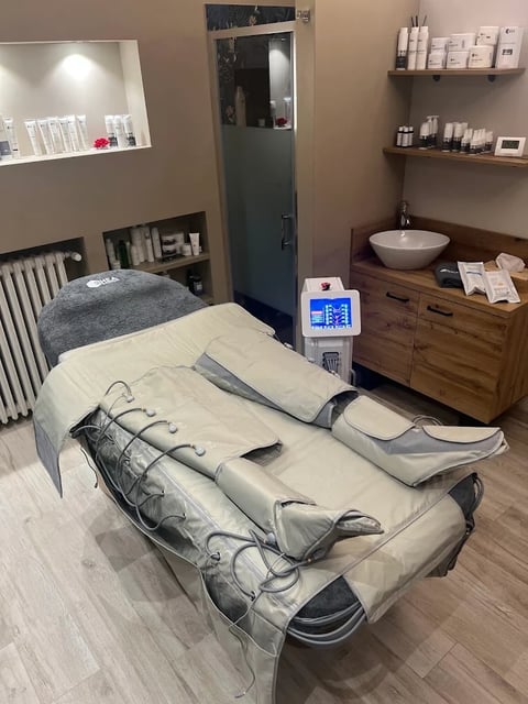 Spa treatment room with a bed covered in thermal blanket therapy equipment, skincare products on shelves, and a cryotherapy chamber in the background