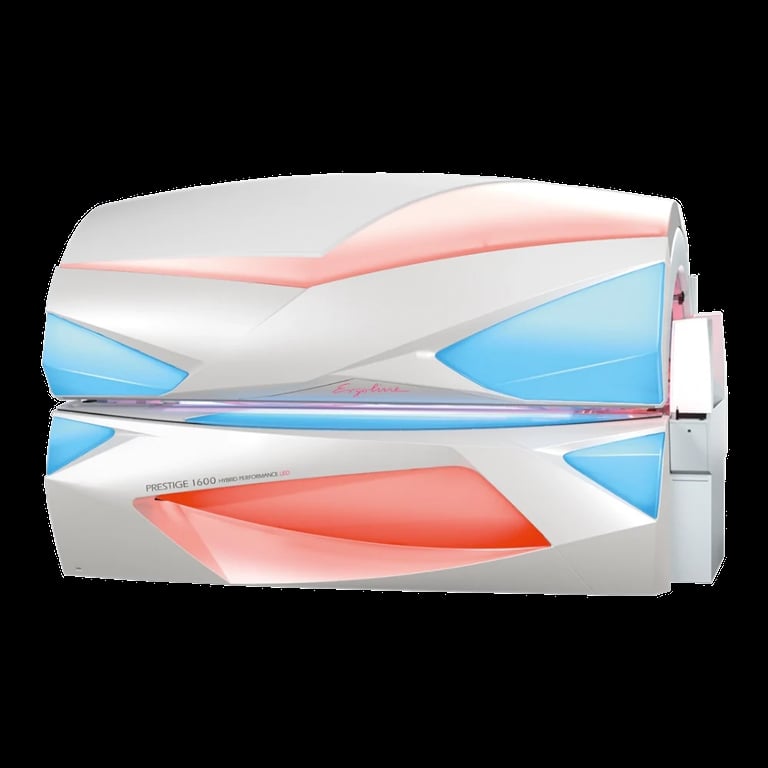 Red and blue tanning bed with stacked design and sleek white frame against black background