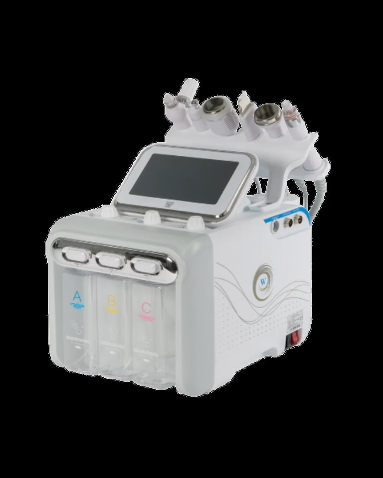 White multi-function beauty treatment device with digital display, applicator heads on top, and three colored solution cartridges