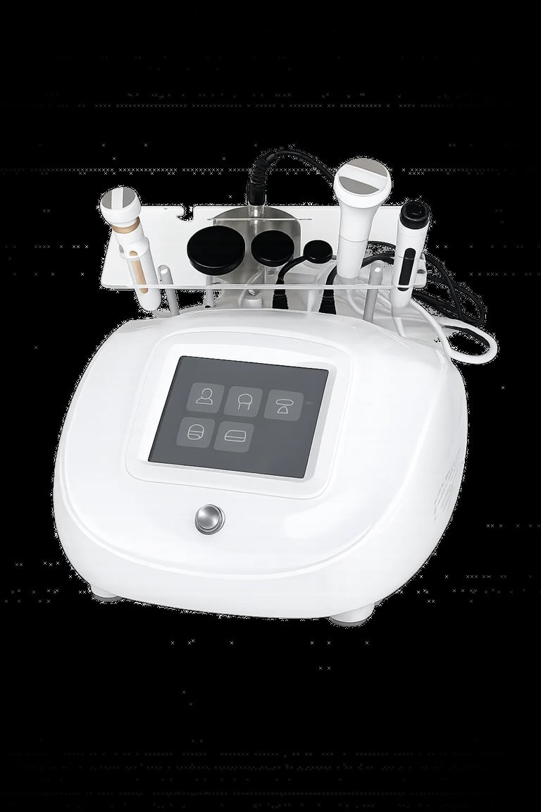 White multi-function beauty device with touchscreen display and various treatment applicators attached to the top