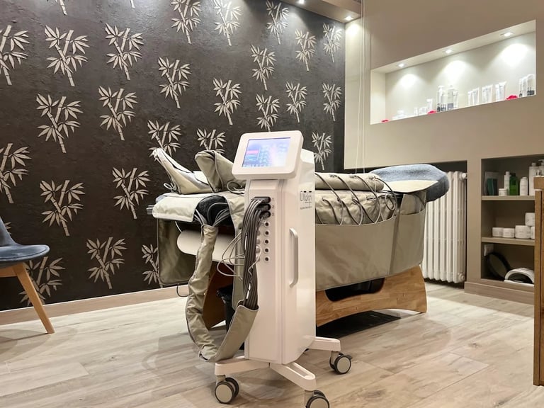Modern spa treatment machine in wellness clinic with touch screen display, located in elegant room with botanical wallpaper and light wood flooring