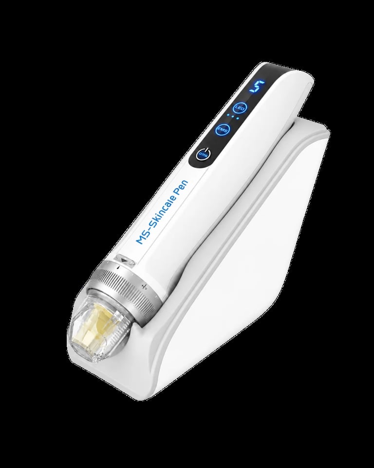 MS Derma Pen microneedling device with white handle, touch controls, and cartridge in charging stand