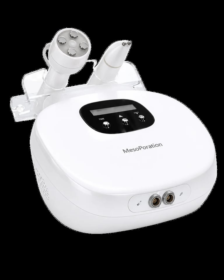 White MesoPoratoin beauty device with dual handpieces and digital display control panel on black background
