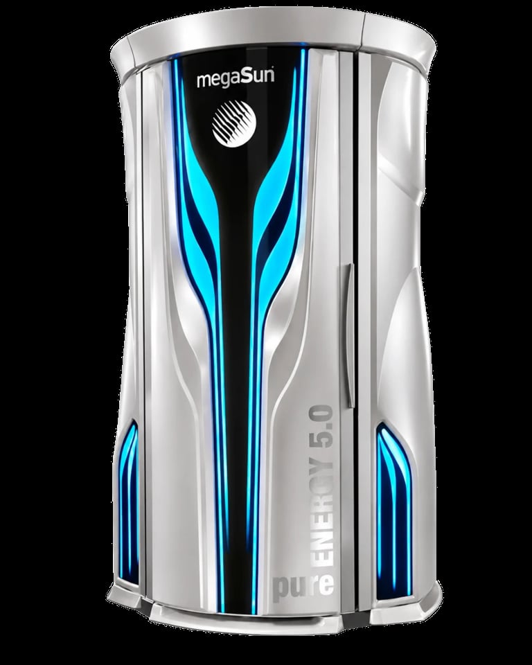 megaSun PRO SL50 standing tanning bed with silver and black body, blue accents, and rounded top design