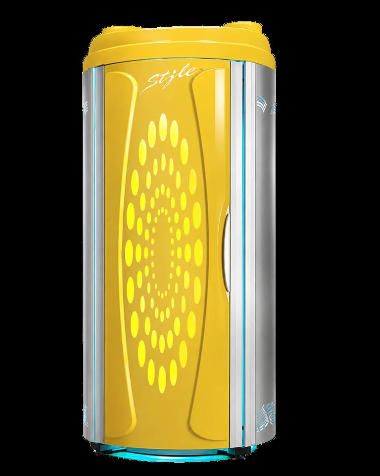 Yellow and silver cylindrical tanning bed with ventilation holes and curved design