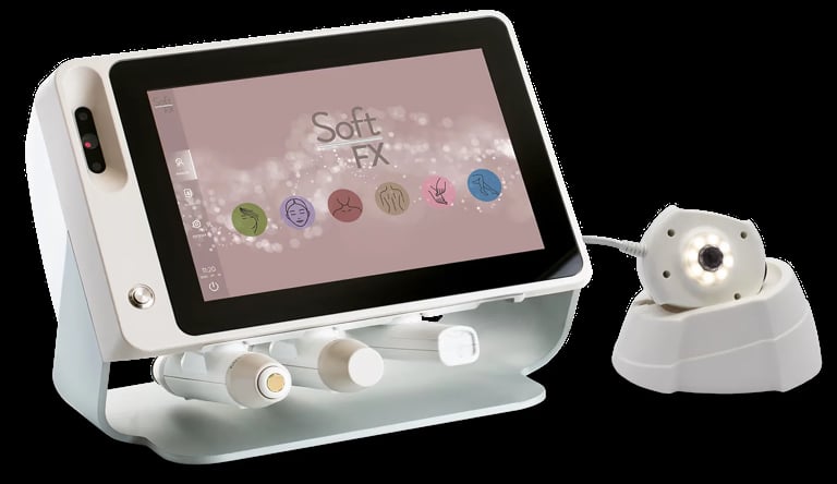 Soft FX beauty device with touchscreen display and interchangeable applicator heads, white color